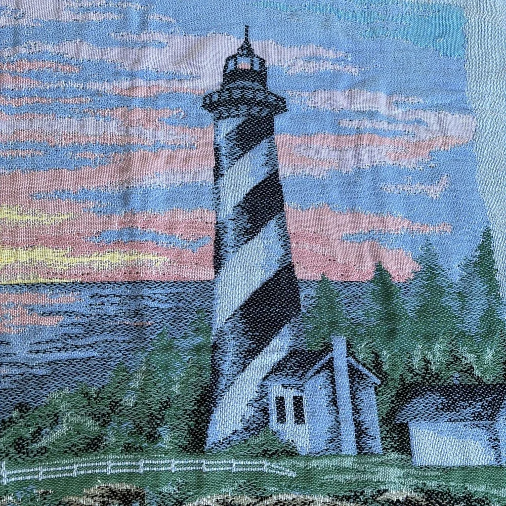 Vintage Lighthouse Woven Afghan Throw Blanket Fringe 56